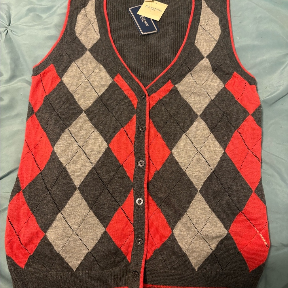 Heritage Argyle Vest - Charcoal, Red, and Light Gray New w tags